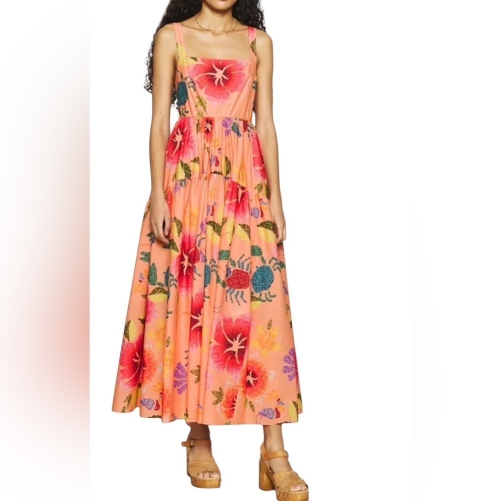 Farm Rio Tropical Dress Midi Maxi Fit & Flare Straps Tiered Ruffles XS.